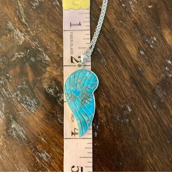 Genuine Turquoise Feather Hand Carved Gemstone Pendant Necklace Sterling Silver - Picture 10 of 10
